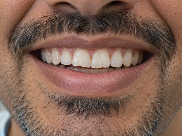 A bearded man's smile with a chipped front tooth and a crack down the one beside it