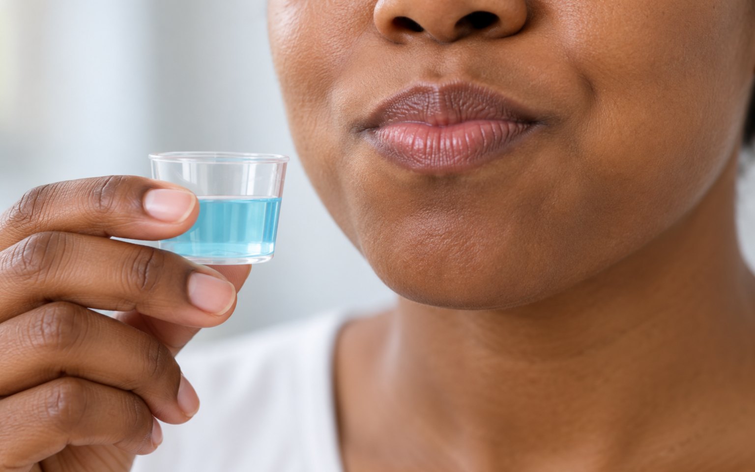 A woman holding a small cup of blue rinse up to her lips