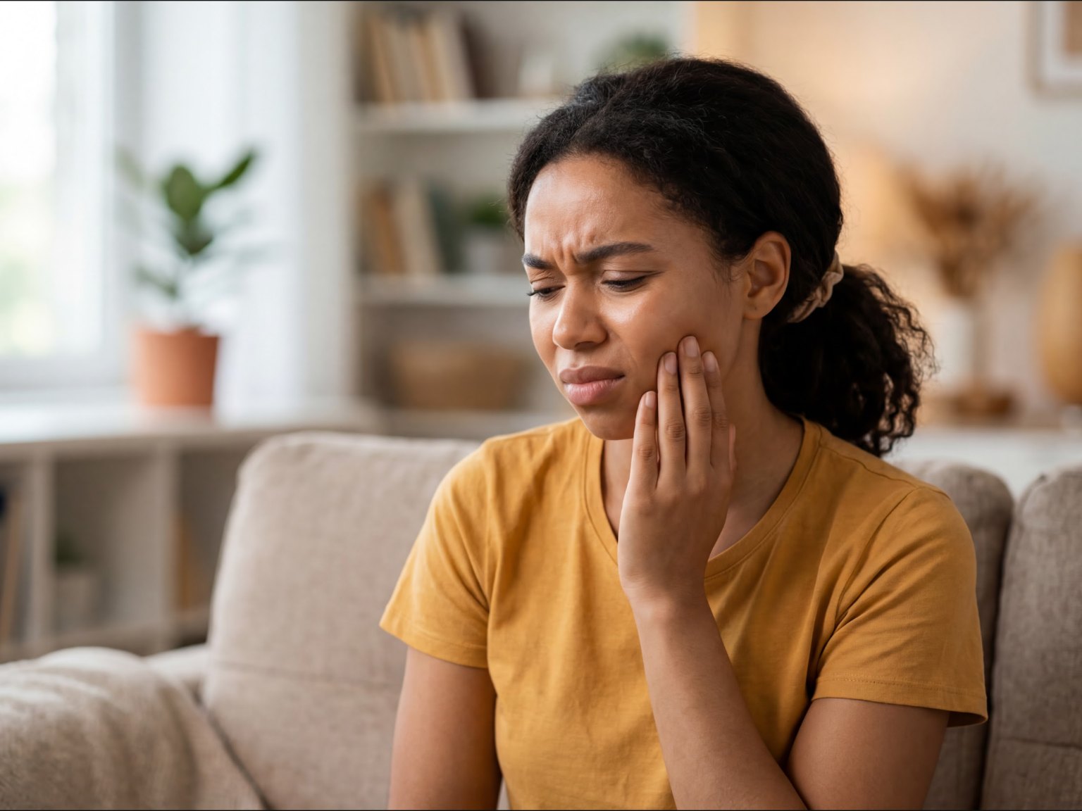 A woman on a sofa pressing her cheek and jaw, looking uncomfortable