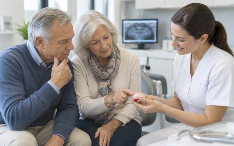 An older couple looking at a denture model held by a dental assistant