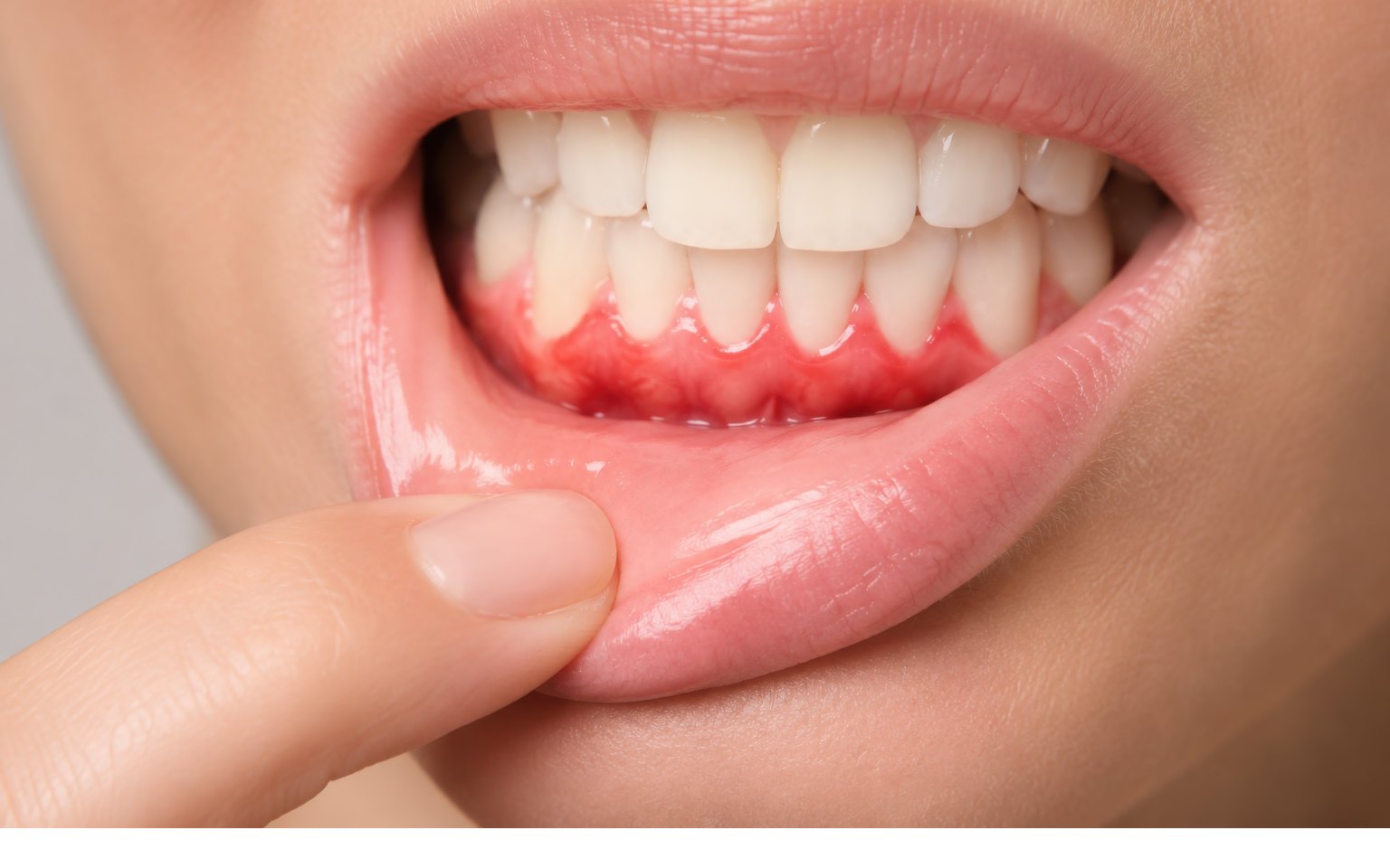 Inflamed gum margins behind the lower teeth