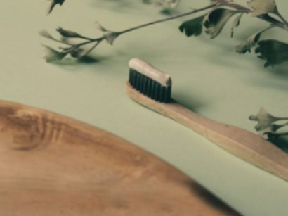 A bamboo toothbrush with toothpaste on a green table beside a sprig of leaves