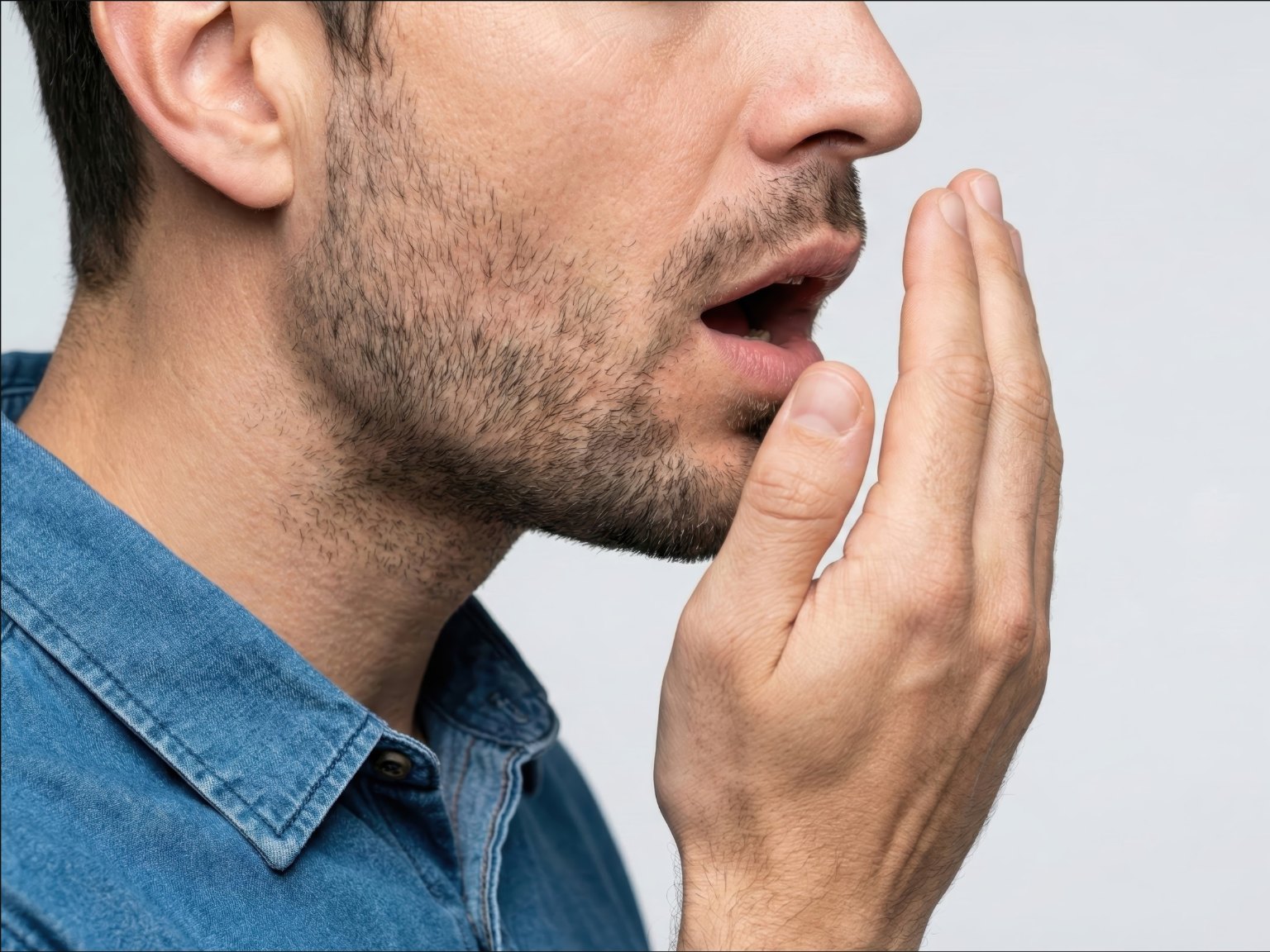 A man checking his own breath against his hand