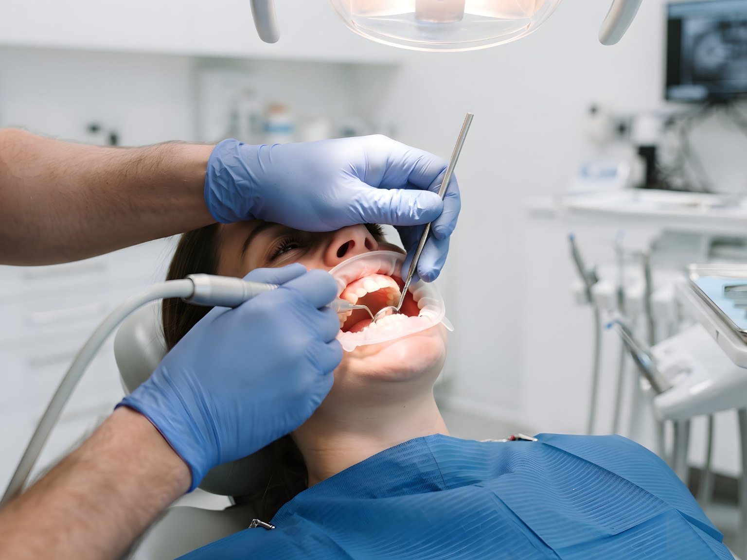 A patient in the chair with a cheek retractor while gloved hands clean her teeth