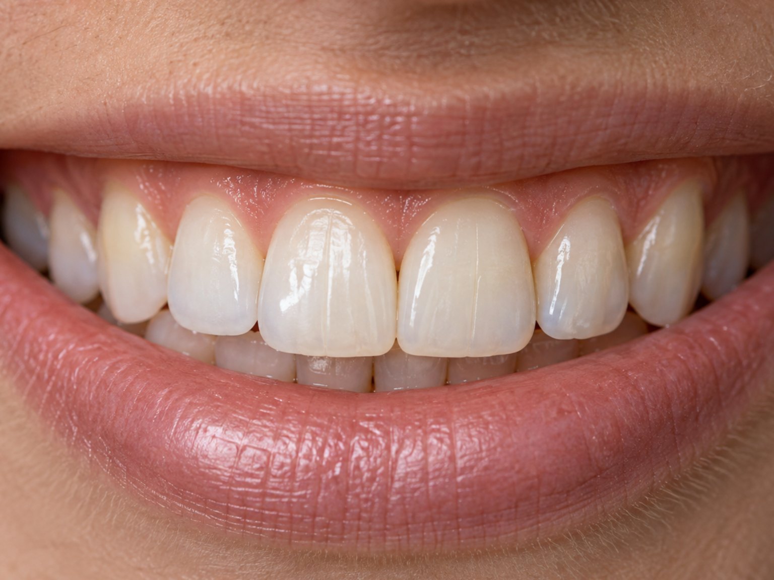 A close-up smile with a faint hairline crack running down a front tooth