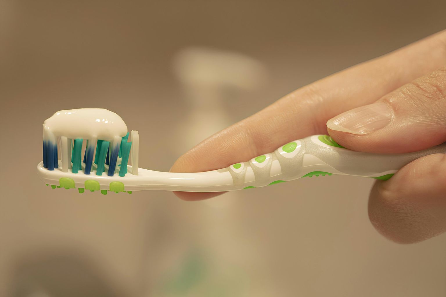 Toothpaste on a brush, held in one hand