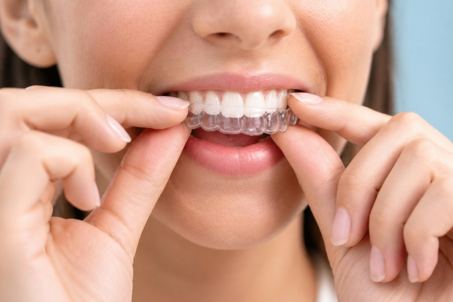 A clear aligner being seated over the teeth
