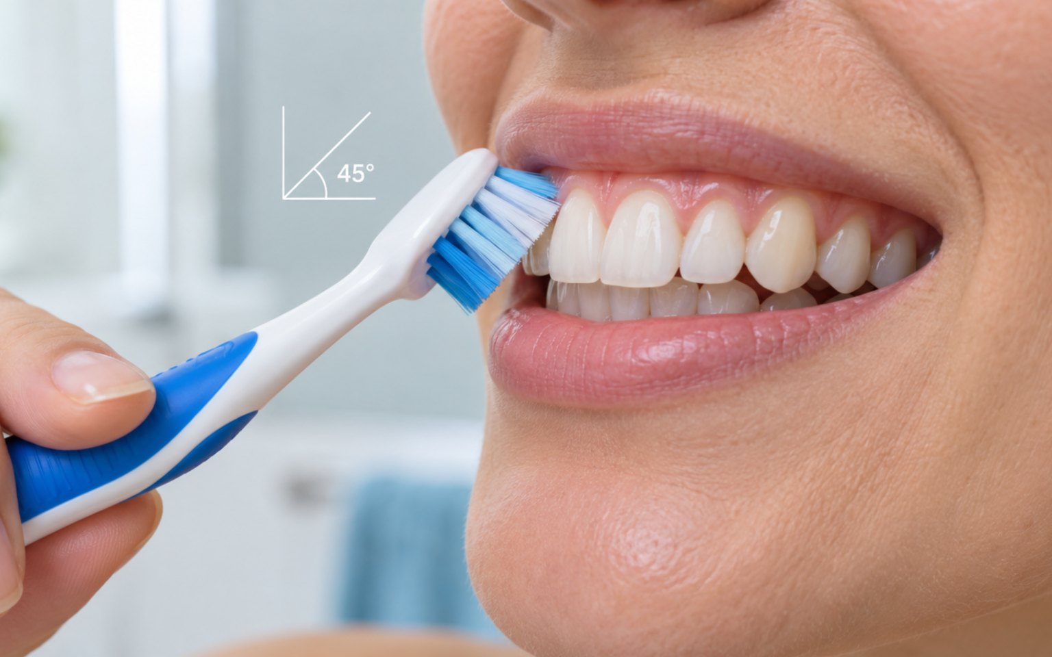 A toothbrush held at a 45-degree angle to the gumline of the upper teeth