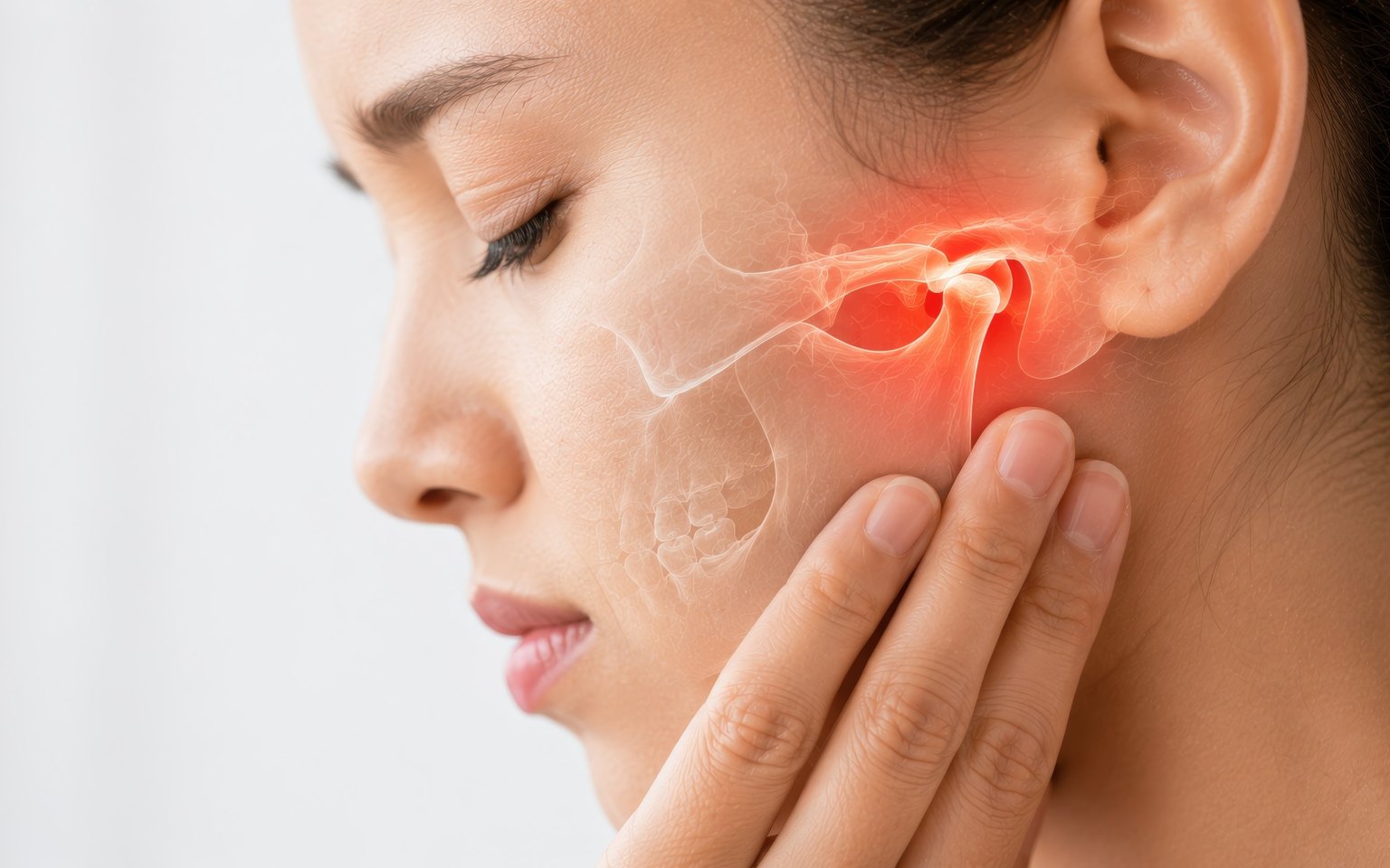 A woman touching her jaw, the joint in front of her ear drawn glowing red