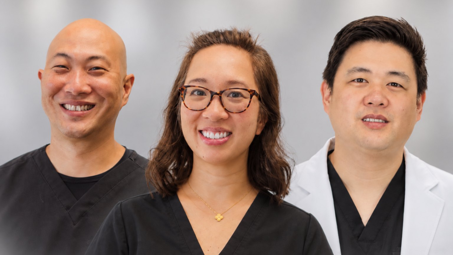 Dr. Dave Cho, Dr. Tam Nguyen and Dr. William Sung side by side in black scrubs